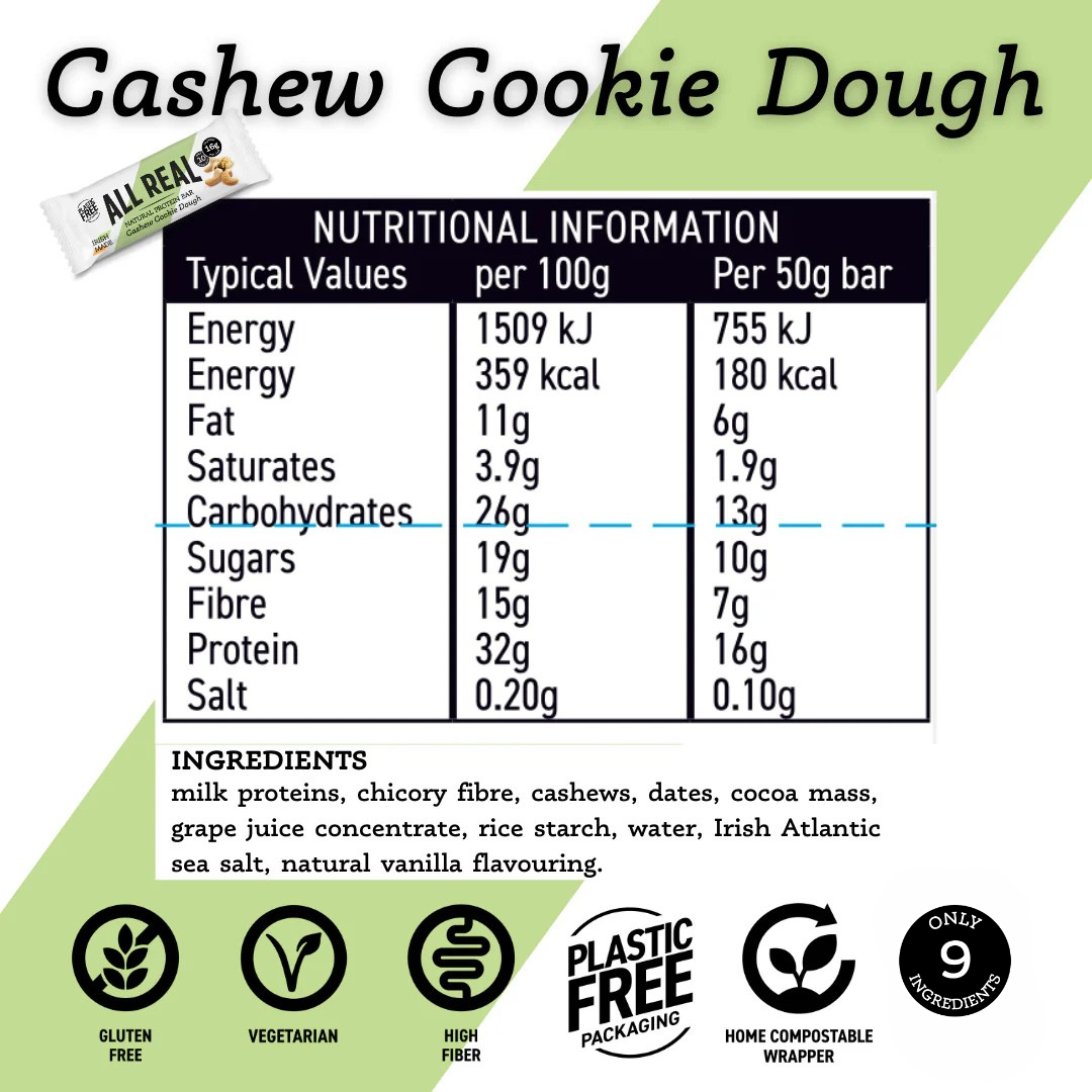Cashew Cookie Dough Protein Bar 50g x 12 bars nutrition panel