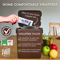 All Real home compostable protein bar wrapper being placed into a home compost bin, showing plastic-free packaging and compost certification