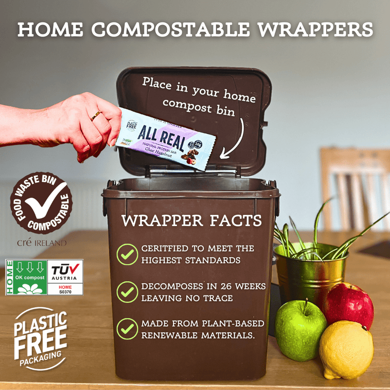 All Real home compostable protein bar wrapper being placed into a home compost bin, showing plastic-free packaging and compost certification