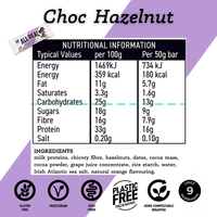 Nutritional information and ingredient list for a Choc Hazelnut product on a purple and white background.