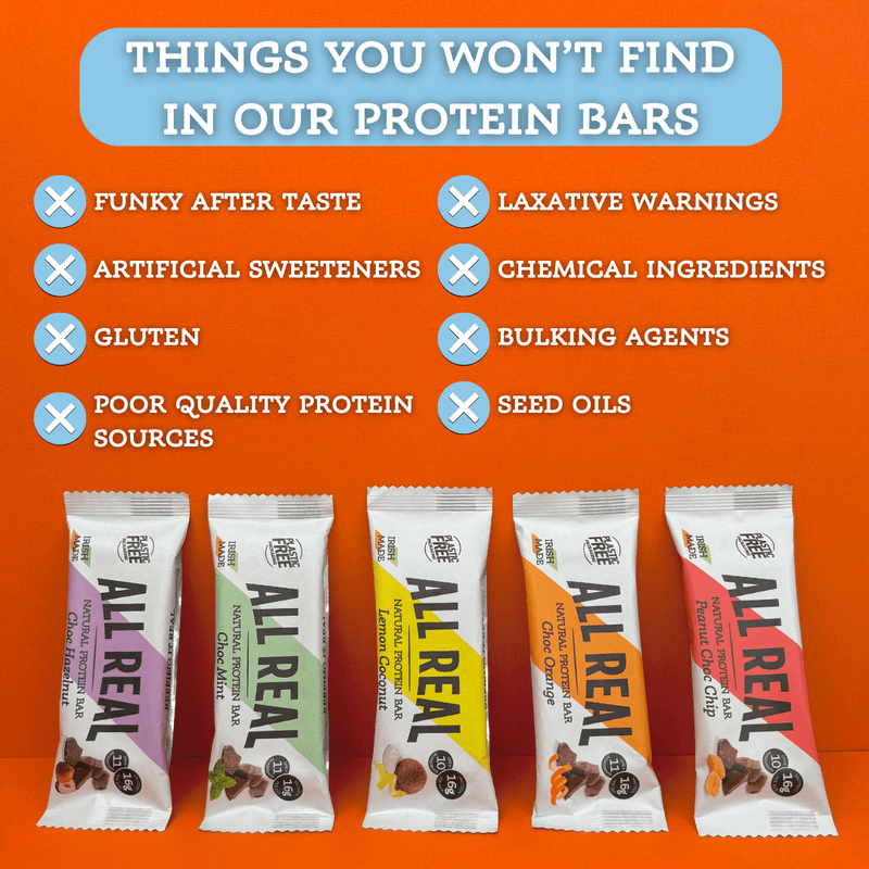 List of ingredients not found in All Real protein bars, including no artificial sweeteners, gluten, seed oils or bulking agents, shown with All Real bar flavours below