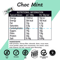 Nutritional information and ingredient list for a Choc Mint product on a green and white background.