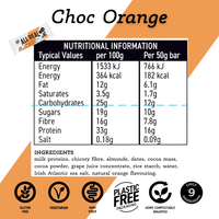 Nutritional information and ingredient list for a Choc Orange product on an orange background