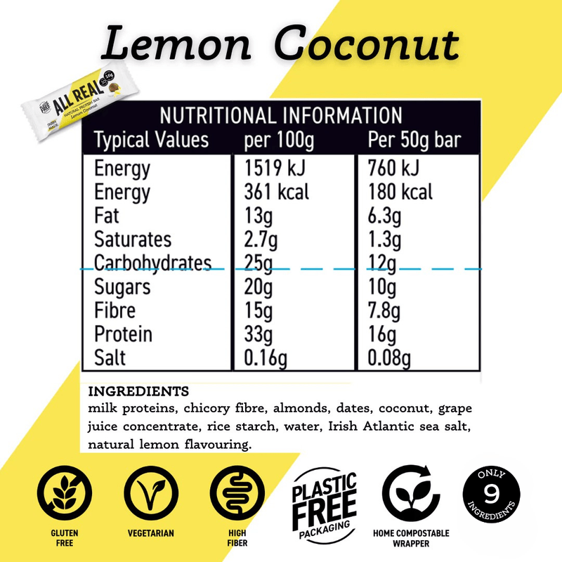 Nutritional information and ingredient list for a lemon coconut product on a white background with yellow accents.