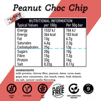 Nutritional information and ingredient list for a peanut chocolate chip bar on a branded background.