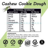 Nutritional information and ingredient list for Cashew Cookie Dough on a green and white background.