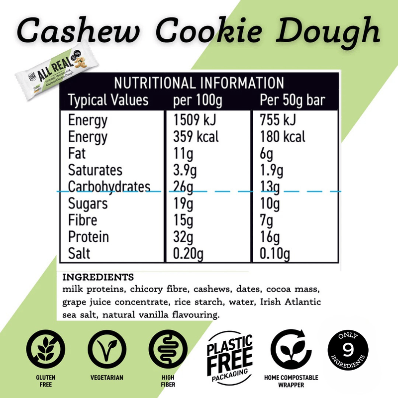 Nutritional information and ingredient list for Cashew Cookie Dough on a green and white background.