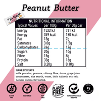 Nutritional information and ingredient list for a peanut butter bar on a pink background