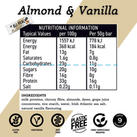Nutritional information and ingredient list for almond and vanilla bars on a branded background.