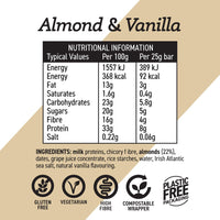 Nutritional information and ingredient list for almond and vanilla bars on a beige background