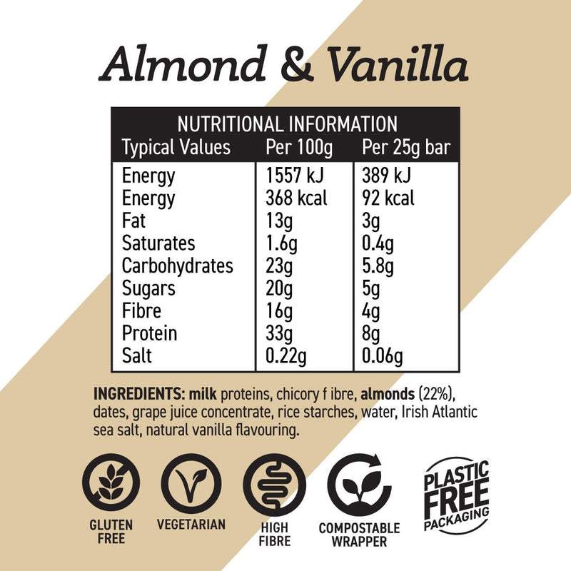 Nutritional information and ingredient list for almond and vanilla bars on a beige background