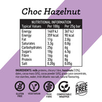 Nutritional information and ingredient list for Choc Hazelnut product on a purple background
