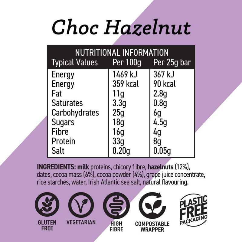 Nutritional information and ingredient list for Choc Hazelnut product on a purple background