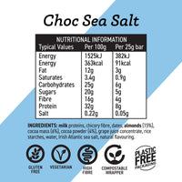 Nutritional information and ingredient list for Choc Sea Salt product on a blue and white background.