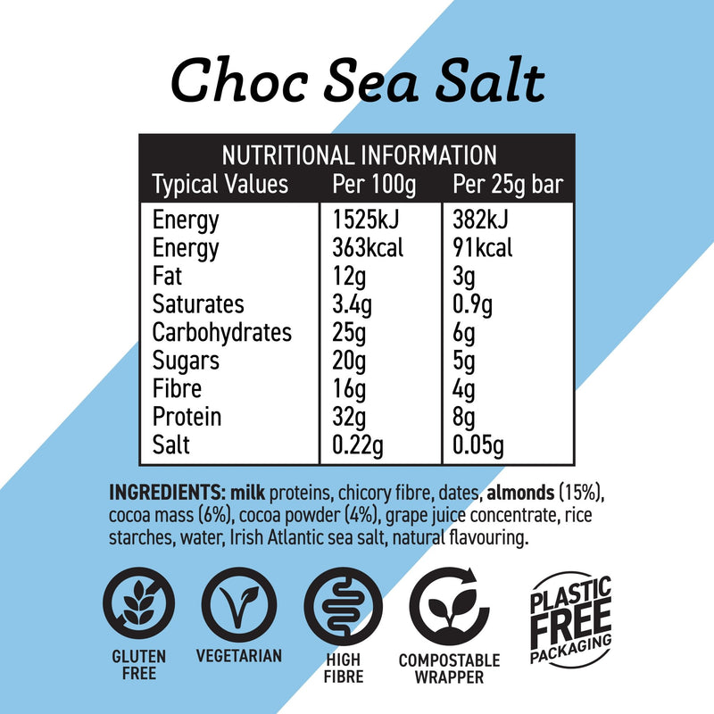 Nutritional information and ingredient list for Choc Sea Salt product on a blue and white background.