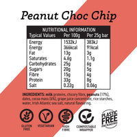 Nutritional information and ingredient list for a peanut choc chip bar on a red and white background.