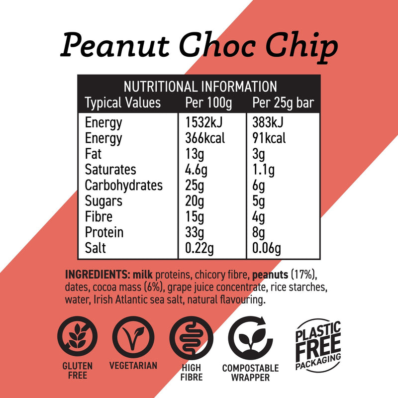 Nutritional information and ingredient list for a peanut choc chip bar on a red and white background.