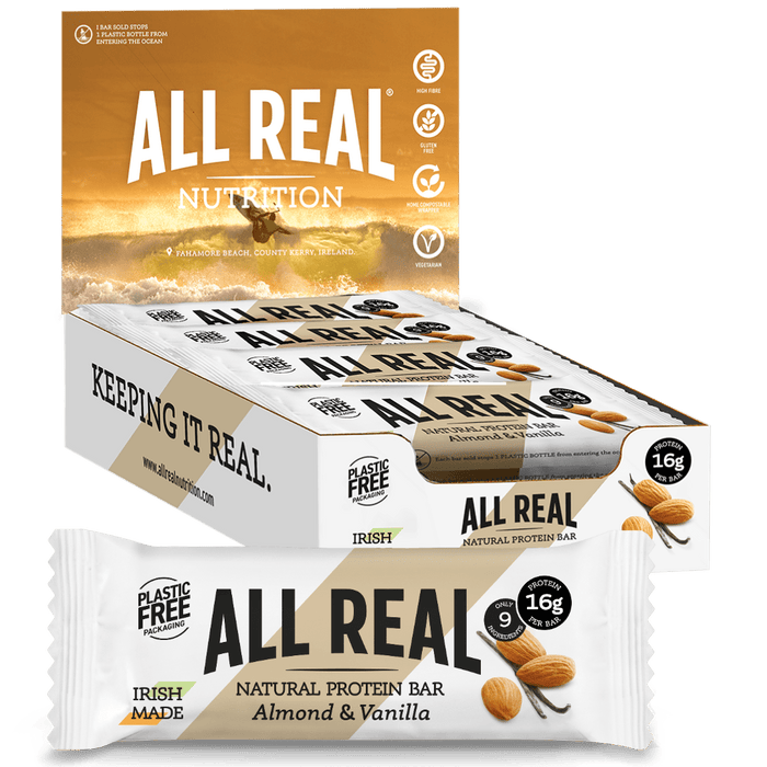 Packaging of All Real Nutrition Almond & Vanilla Protein Bars, showing the box with bars inside and the front of a single bar with 16g protein listed.