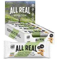 Packaging of All Real Nutrition Cashew Cookie Dough Protein Bars showing the box with bars inside and the front of a single bar with 16g protein listed.