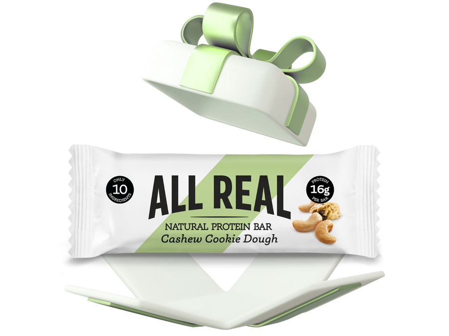 All Real protein bar with cashew cookie dough flavor on a white background