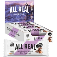 A box of All Real natural protein bars in Choc Hazelnut flavour, with individual bars visible showing.