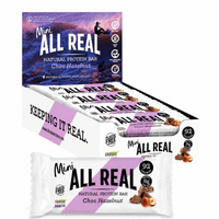 Box of Mini All Real Choc Hazelnut protein bars with packaging design.