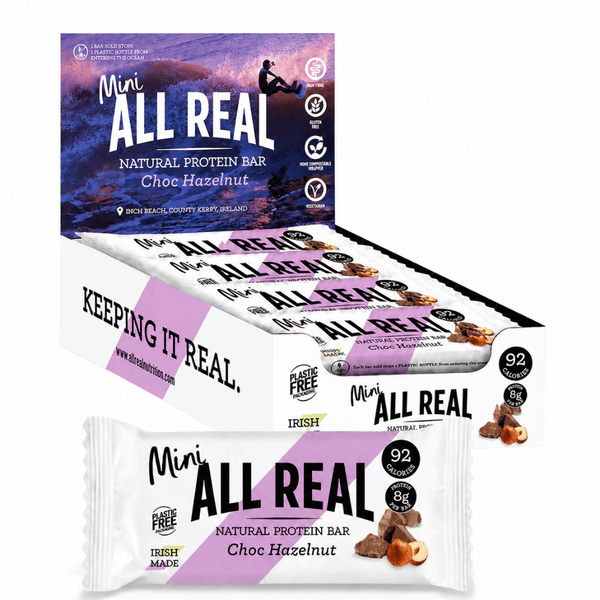 Box of Mini All Real Choc Hazelnut protein bars with packaging design.