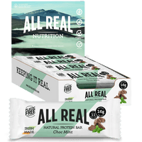A box of All Real natural protein bars in Choc Mint flavor, with individual bars visible showing the texture and chocolate mint chips.