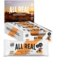 Packaging for All Real Nutrition Choc Orange Protein Bars featuring the product name and image of the bar, with orange chocolate chips visible. The packaging is white with orange accents and text.