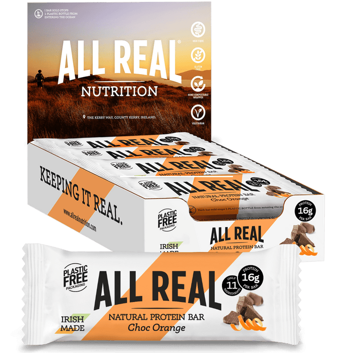 Packaging for All Real Nutrition Choc Orange Protein Bars featuring the product name and image of the bar, with orange chocolate chips visible. The packaging is white with orange accents and text.