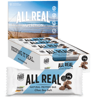 Packaging of All Real Nutrition Choc Sea Salt Protein Bars showing the box with bars and individual bar packaging with sea salt and chocolate details.