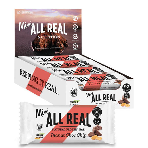 Packaging for Mini All Real Nutrition Peanut Choc Chip Protein Bars showing the box with multiple bars and the nutritional information.