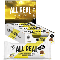 Packaging of All Real Natural Protein Bar in Lemon Coconut flavor, highlighting the bar's features like being made with real ingredients, gluten-free, and having 16g of protein.