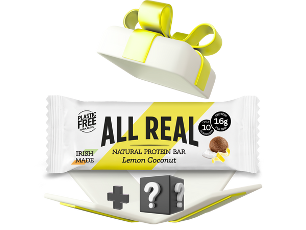 All Real protein bar with a gift box and ribbon on a white background