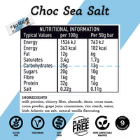 Nutritional information and product details for a Choc Sea Salt bar on a white background with blue accents.