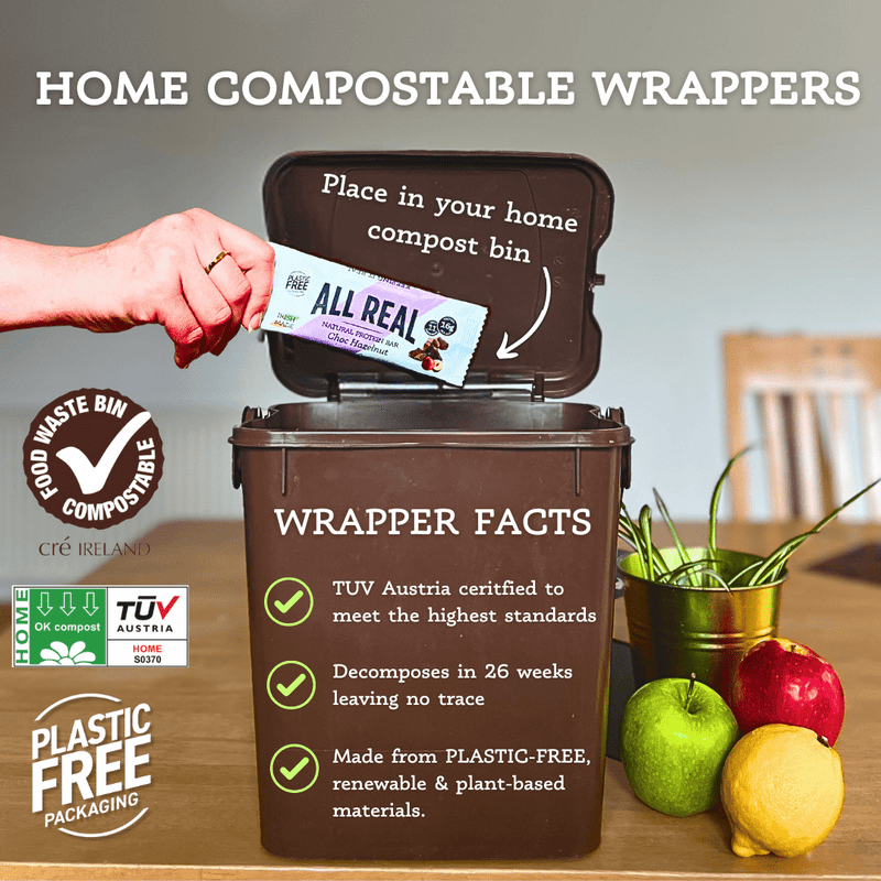 All Real home compostable protein bar wrapper being placed into a home compost bin, showing plastic-free packaging and compost certification