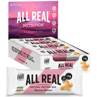 Packaging of All Real Nutrition's Peanut Butter Protein Bars. The packaging is predominantly white with pink accents, featuring images of the protein bars and peanuts.