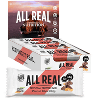 Packaging of All Real Nutrition's Peanut Choc Chip Protein Bar showing the box with bars inside and the front of a single bar with 16g protein listed.