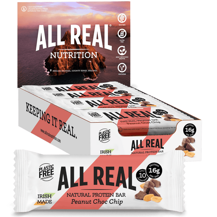 Packaging of All Real Nutrition's Peanut Choc Chip Protein Bar showing the box with bars inside and the front of a single bar with 16g protein listed.