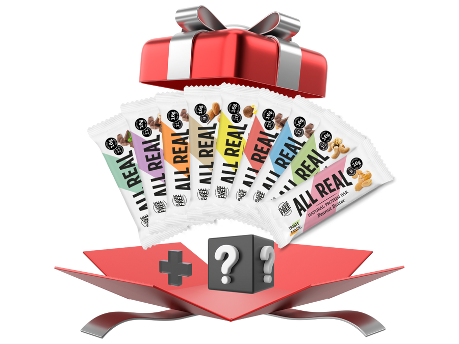 Packaging of 'ALL REAL' products with a red gift box and question mark symbol on a white background