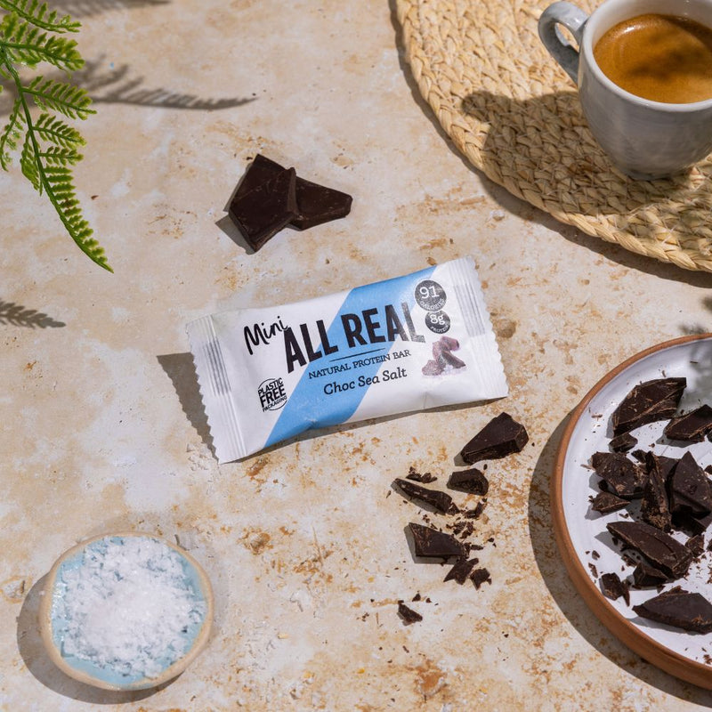 Mini All Real chocolate sea salt protein bar with chocolate pieces and sea salt