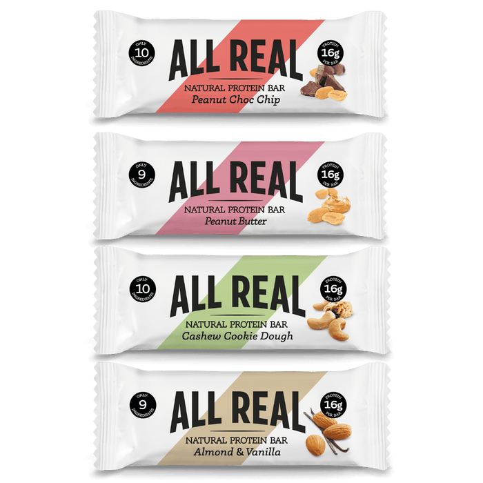 All Real Nut Lovers Mixed Pack with Peanut Choc Chip, Peanut Butter, Cashew Cookie Dough and Almond & Vanilla protein bars