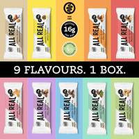 All Real protein bars in various flavors with brand logo and text on a colorful background