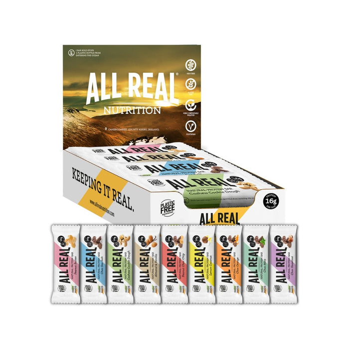 Box of All Real Nutrition bars with individual bars displayed in front