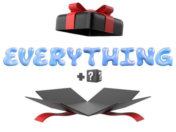 Black gift box with red ribbon, blue 'EVERYTHING' text, and gray open box with red ribbon on a white background.