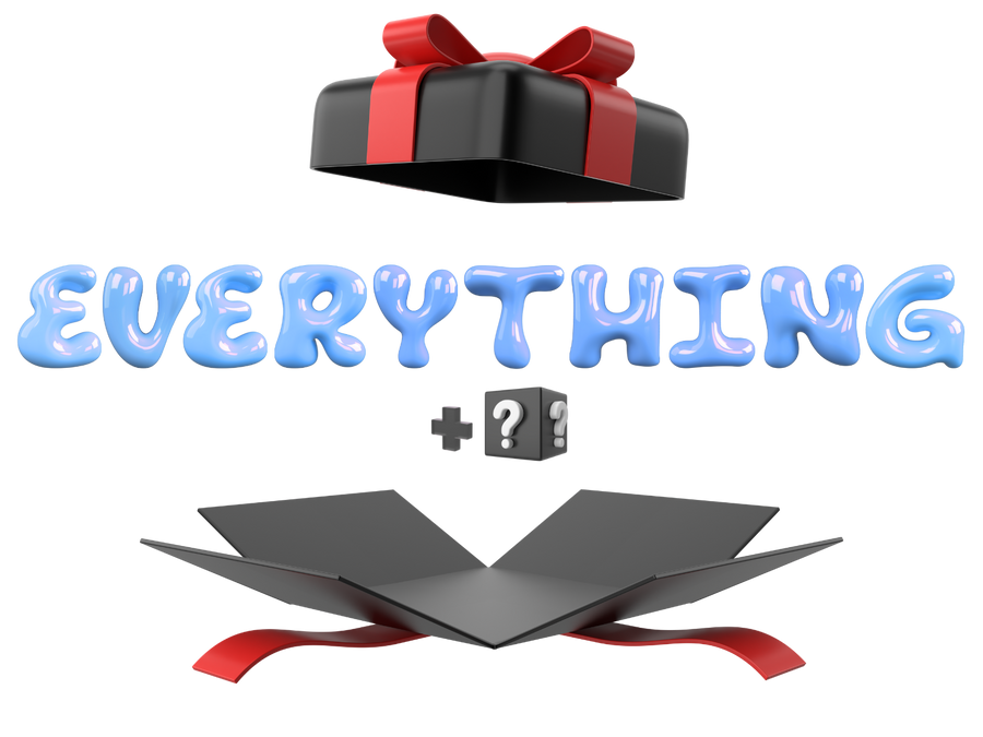 Black gift box with red ribbon, blue 'EVERYTHING' text, and gray open box with red ribbon on a white background.